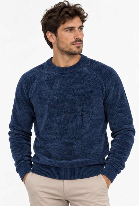 Pullover Uomo Girocollo in Morbida Ciniglia Maniche Lunghe- BLU NAVY