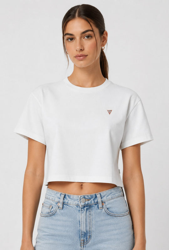 T-Shirt Donna GUESS Crop 100% Cotone- BIANCO