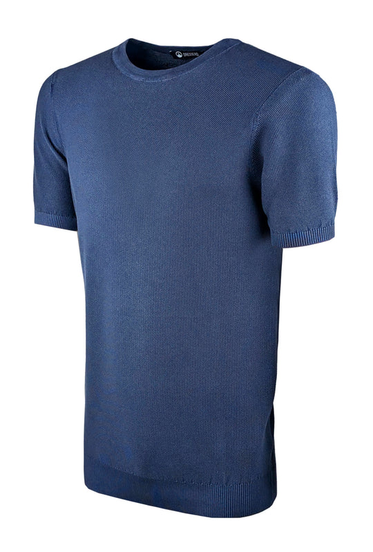 T-Shirt uomo in filo maglietta mezza manica trama lavorata - BLU