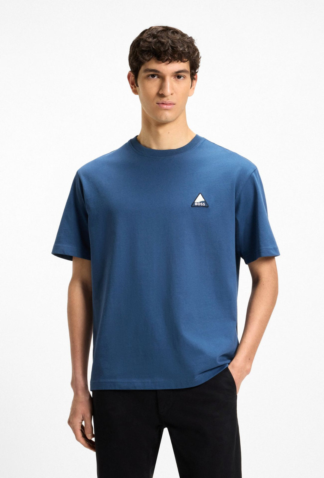 T-Shirt uomo HUGO BOSS Relaxed Fit in cotone con toppa logo - AVIO
