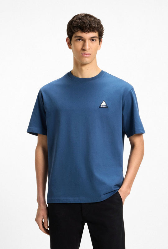 T-Shirt uomo HUGO BOSS Relaxed Fit in cotone con toppa logo - AVIO