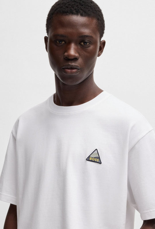 T-Shirt uomo HUGO BOSS Relaxed Fit in cotone con toppa logo - BIANCO