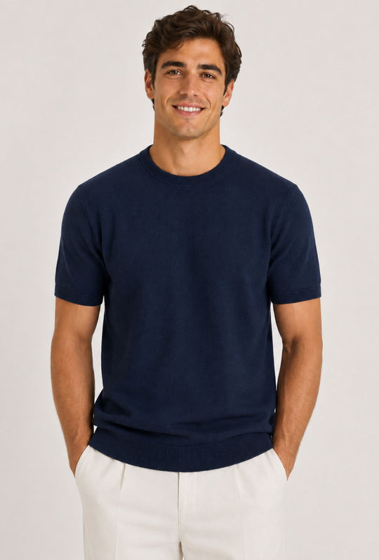T- Shirt uomo Girocollo in maglia 100% Cotone trama lavorata DRESSERD- BLU