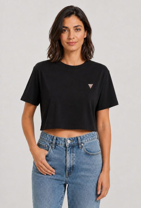 T-Shirt Donna GUESS Crop 100% Cotone- NERO