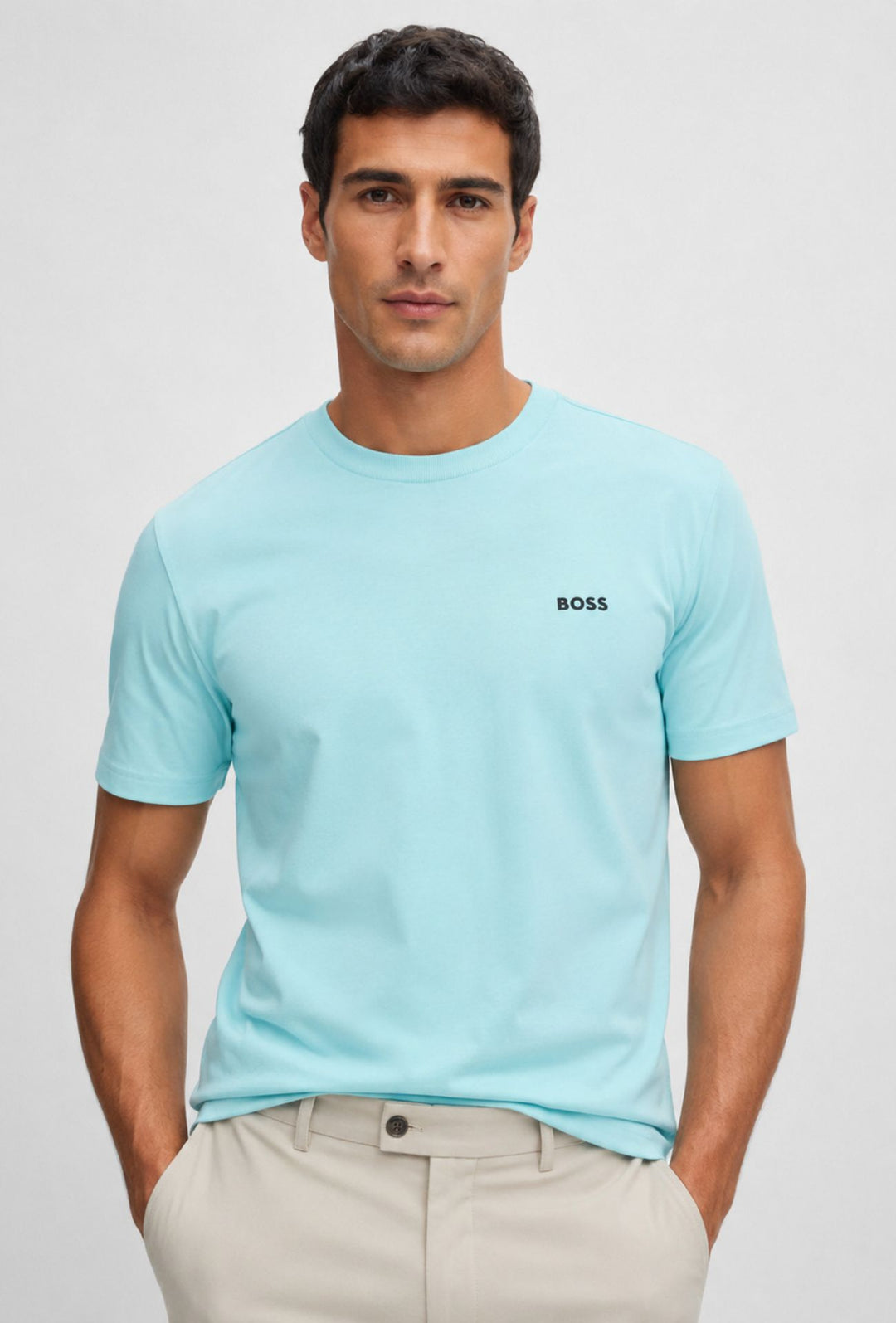 T-Shirt Uomo Regular Fit in Cotone Stretch HUGO BOSS Logo Gommato lato cuore- CELESTE