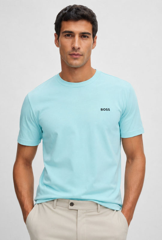 T-Shirt Uomo Regular Fit in Cotone Stretch HUGO BOSS Logo Gommato lato cuore- CELESTE