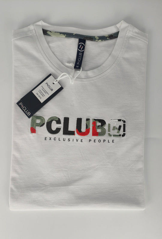 T-Shirt Uomo P-CLUB  100% Cotone con Logo Ricamato A Rilievo Centrale- BIANCO