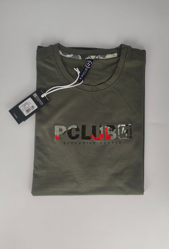 T-Shirt Uomo P-CLUB  100% Cotone con Logo Ricamato A Rilievo Centrale- VERDE MILITARE
