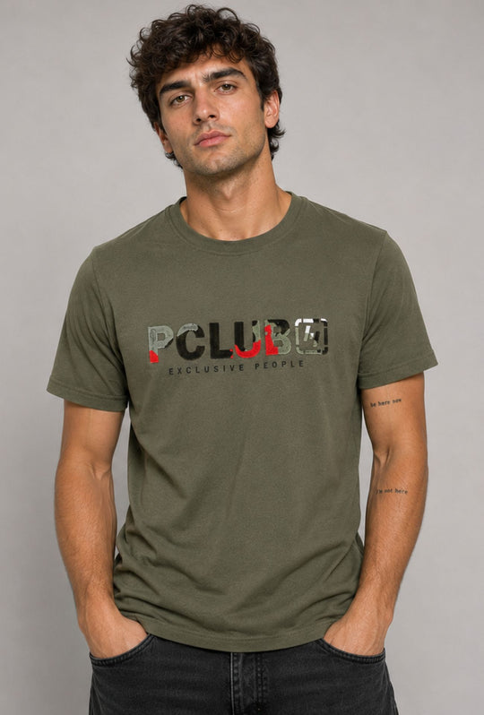 T-Shirt Uomo P-CLUB  100% Cotone con Logo Ricamato A Rilievo Centrale- VERDE MILITARE