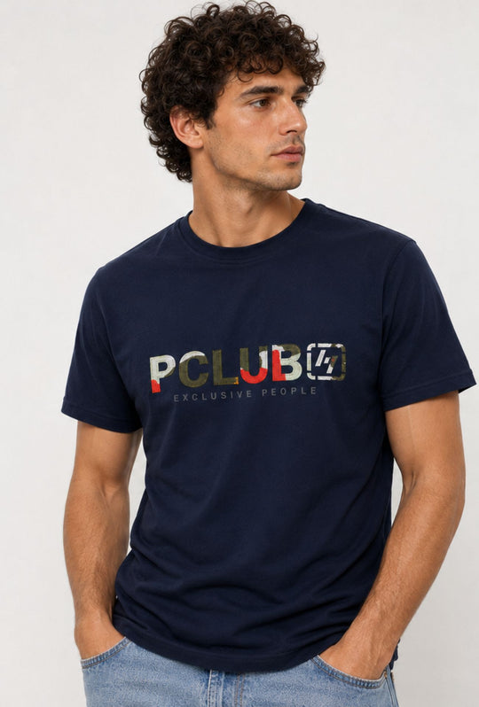 T-Shirt Uomo P-CLUB  100% Cotone con Logo Ricamato A Rilievo Centrale- BLU NAVY
