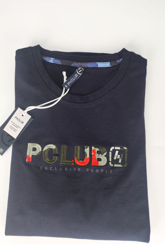 T-Shirt Uomo P-CLUB  100% Cotone con Logo Ricamato A Rilievo Centrale- BLU NAVY