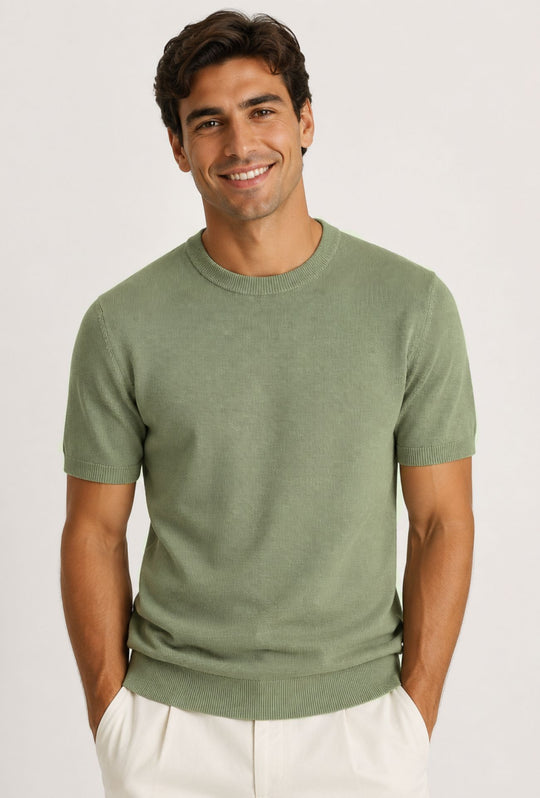 T- Shirt uomo Girocollo in maglia 100% Cotone trama lavorata DRESSERD- VERDE SALVIA