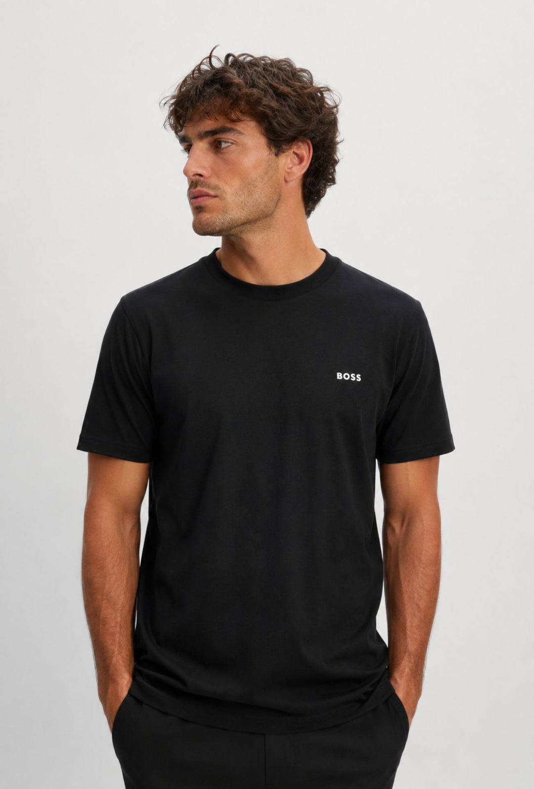 T-Shirt Uomo  Regular Fit in Cotone Stretch HUGO BOSS Logo Gommato lato cuore- NERO