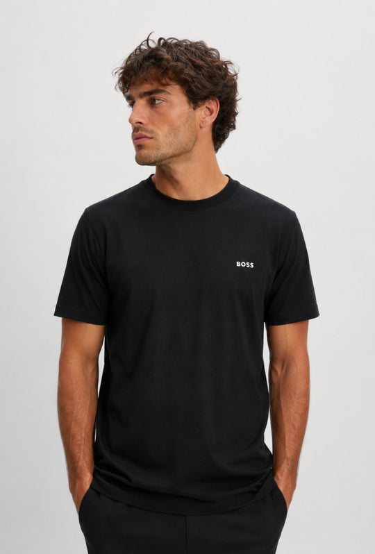 T-Shirt Uomo  Regular Fit in Cotone Stretch HUGO BOSS Logo Gommato lato cuore- NERO