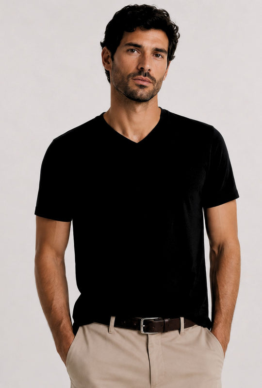 T- Shirt Uomo Tessuto Di Scozia scollo a V -  NERO