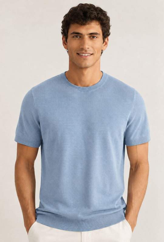 T- Shirt uomo Girocollo in maglia 100% Cotone trama lavorata DRESSERD- AZZURRO POLVERE