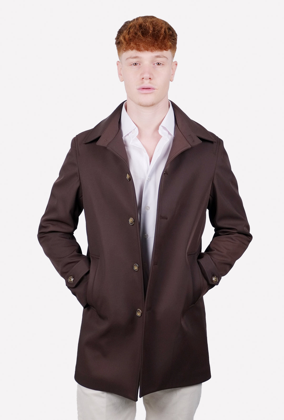 Trench Uomo tessuto tecnico Slim fit con bottoni - MARRONE