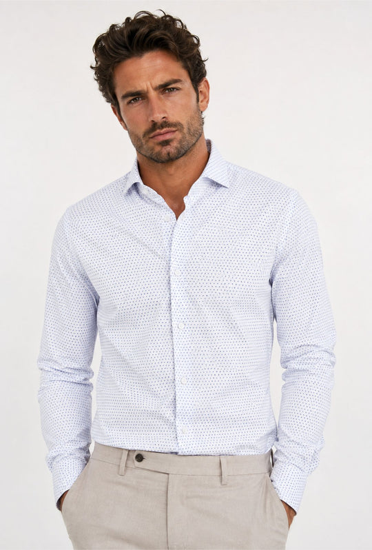 Camicia Uomo Manica lunga in cotone slim fit Fantasia - BIANCO/ CELESTE