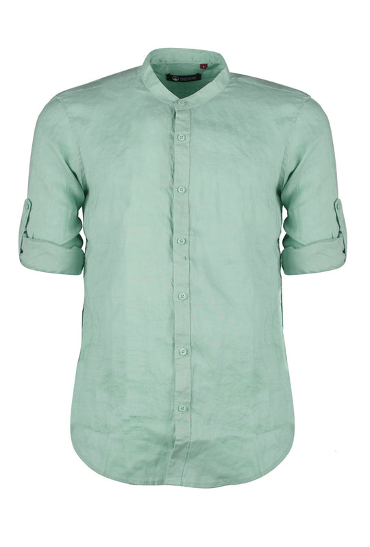 Camicia Uomo Manica Lunga 100% Lino Collo Coreano Semi Slim Fi Camicie Dresserd Uomo - VERDE