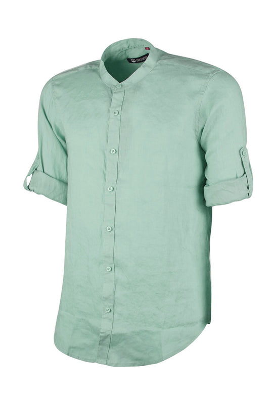 Camicia Uomo Manica Lunga 100% Lino Collo Coreano Semi Slim Fi Camicie Dresserd Uomo - VERDE