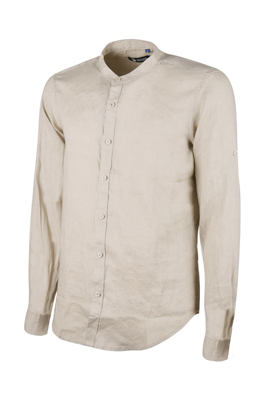 Camicia Uomo Manica Lunga 100% Lino Collo Coreano Semi Slim Fi Camicie Dresserd Uomo - BEIGE