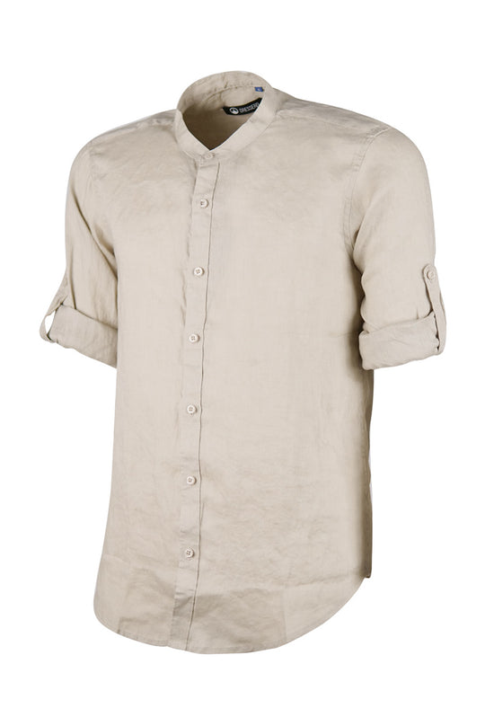 Camicia Uomo Manica Lunga 100% Lino Collo Coreano Semi Slim Fi Camicie Dresserd Uomo - BEIGE