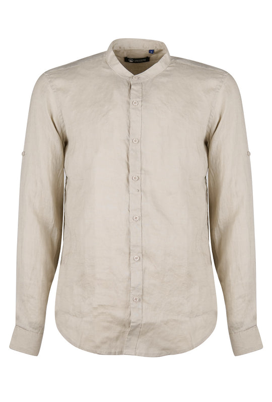 Camicia Uomo Manica Lunga 100% Lino Collo Coreano Semi Slim Fi Camicie Dresserd Uomo - BEIGE