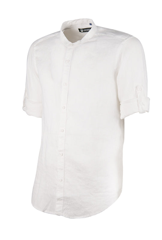 Camicia Uomo Manica Lunga 100% Lino Collo Coreano Semi Slim Fi Camicie Dresserd Uomo - BIANCO