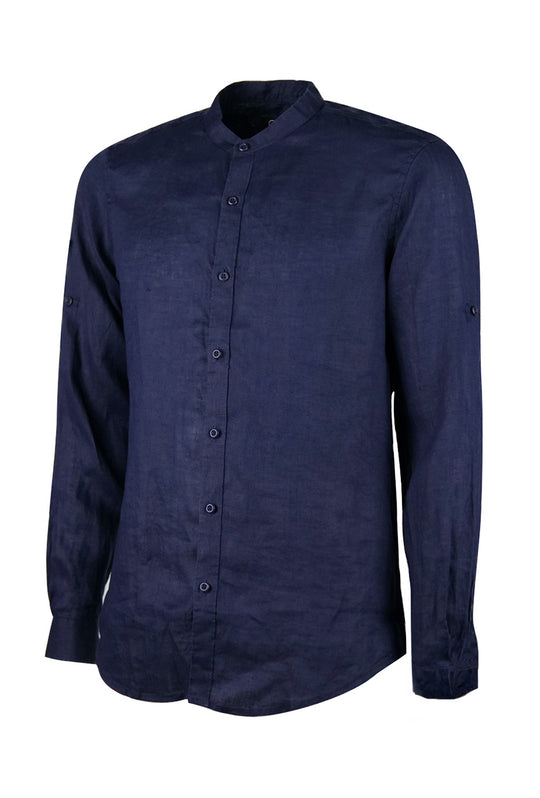 Camicia Uomo Manica Lunga 100% Lino Collo Coreano Semi Slim Fi Camicie Dresserd Uomo - BLU