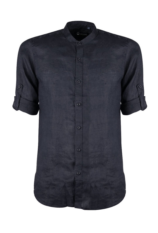 Camicia Uomo Manica Lunga 100% Lino Collo Coreano Semi Slim Fi Camicie Dresserd Uomo - NERO