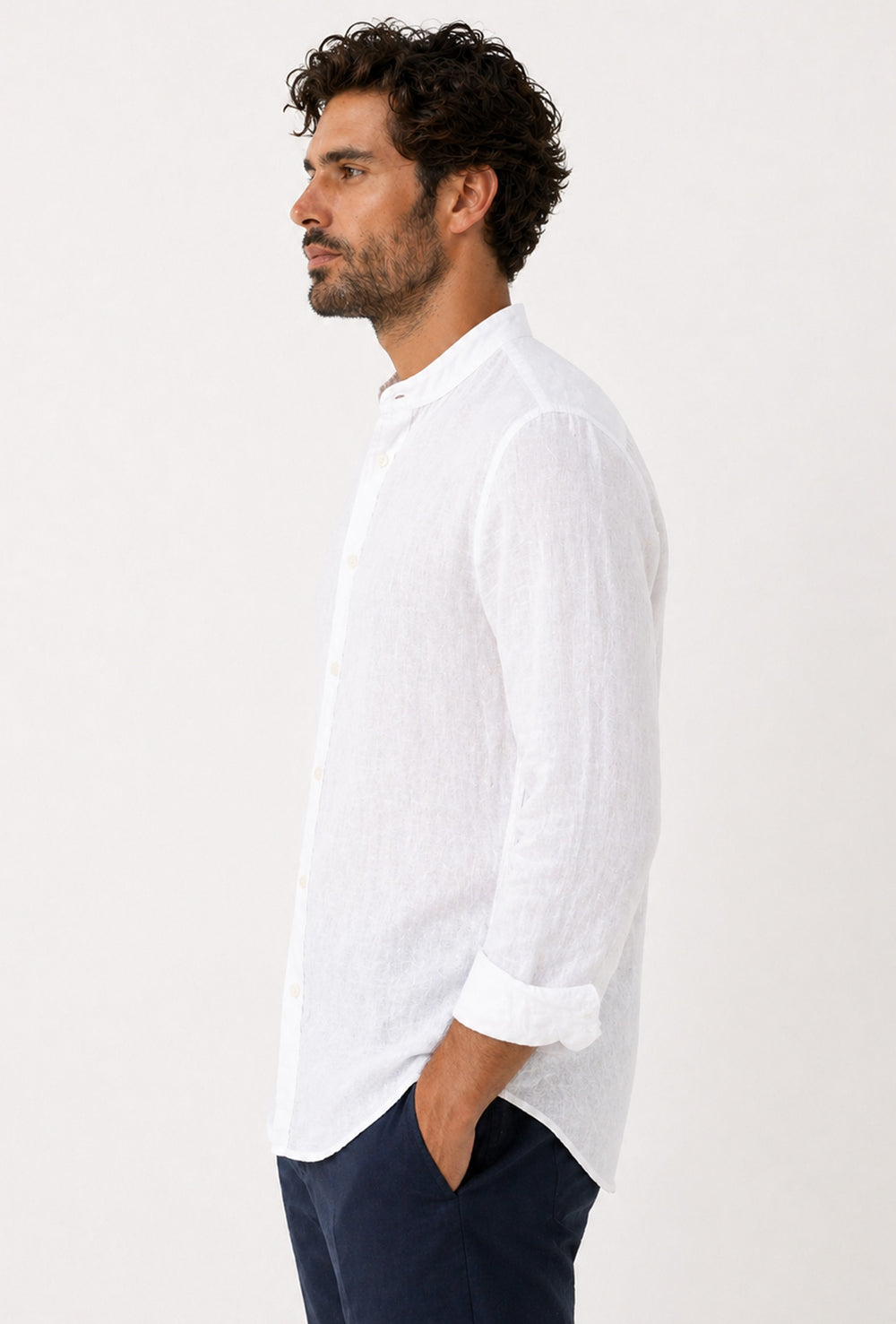 Camicia uomo 100% Lino fiammato collo coreano Dresserd - BIANCO