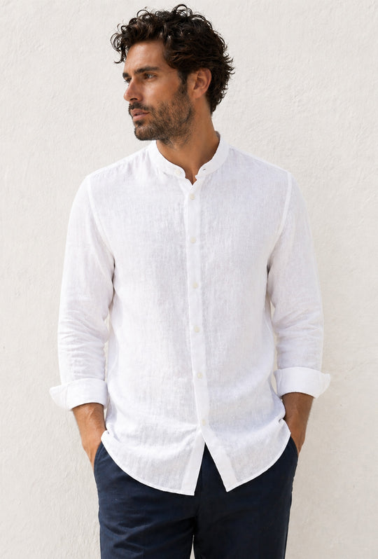 Camicia uomo 100% Lino fiammato collo coreano Dresserd - BIANCO