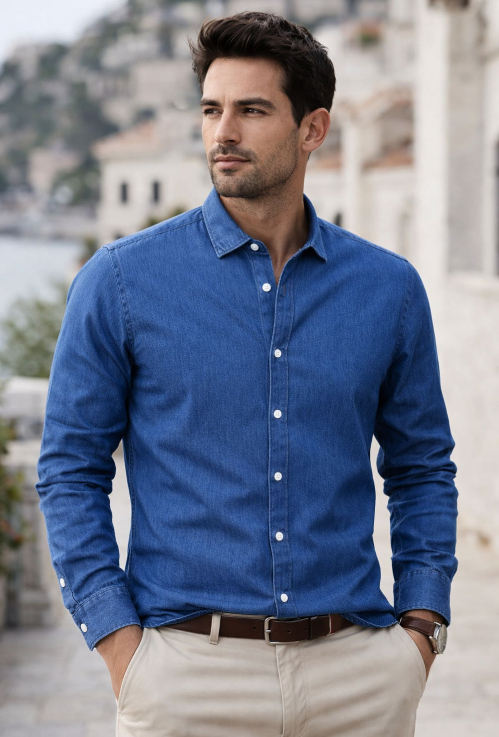 Camicia uomo Jeans manica lunga leggera semi slim fit - DENIM