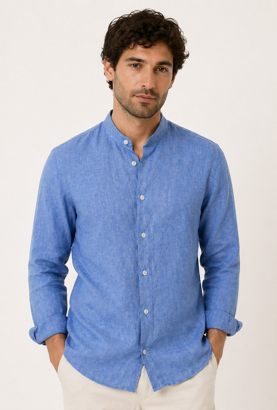 Camicia uomo 100% Lino fiammato collo coreano Dresserd - DENIM