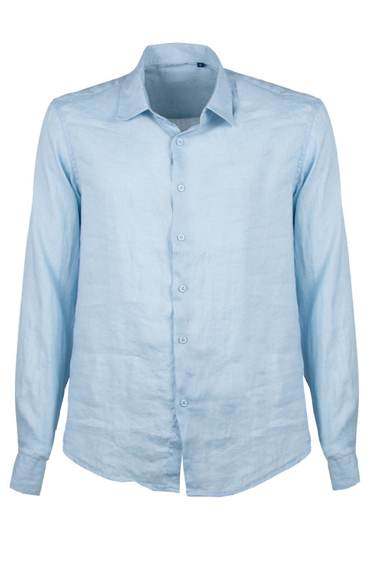 Camicia Uomo 100% Lino Manica Lunga Semi Slim Fit Camicie Dresserd - AZZURRO