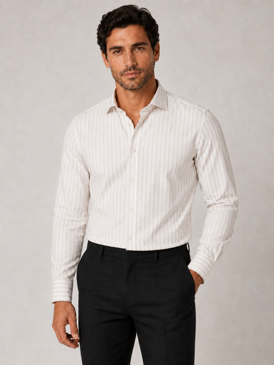 Camicia Uomo Lino Cotone a Righe Dresserd Collo Francese - BEIGE