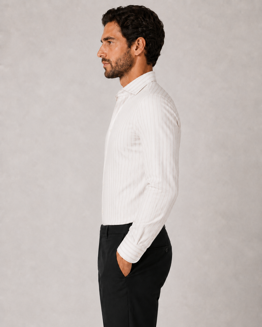 Camicia Uomo Lino Cotone a Righe Dresserd Collo Francese - BEIGE
