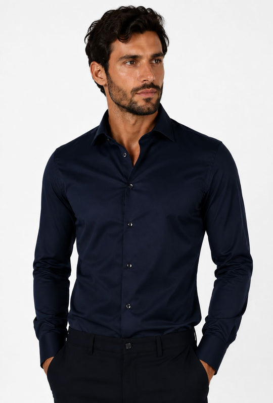 Camicia Uomo Manica lunga in cotone slim fit tinta Unita - BLU