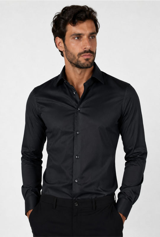 Camicia Uomo Manica lunga in cotone slim fit tinta Unita - NERO