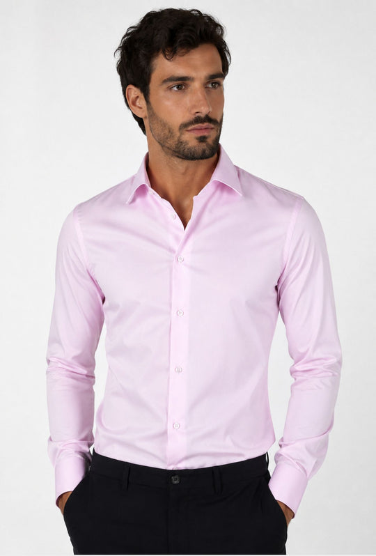 Camicia Uomo Manica lunga in cotone slim fit tinta Unita - ROSA