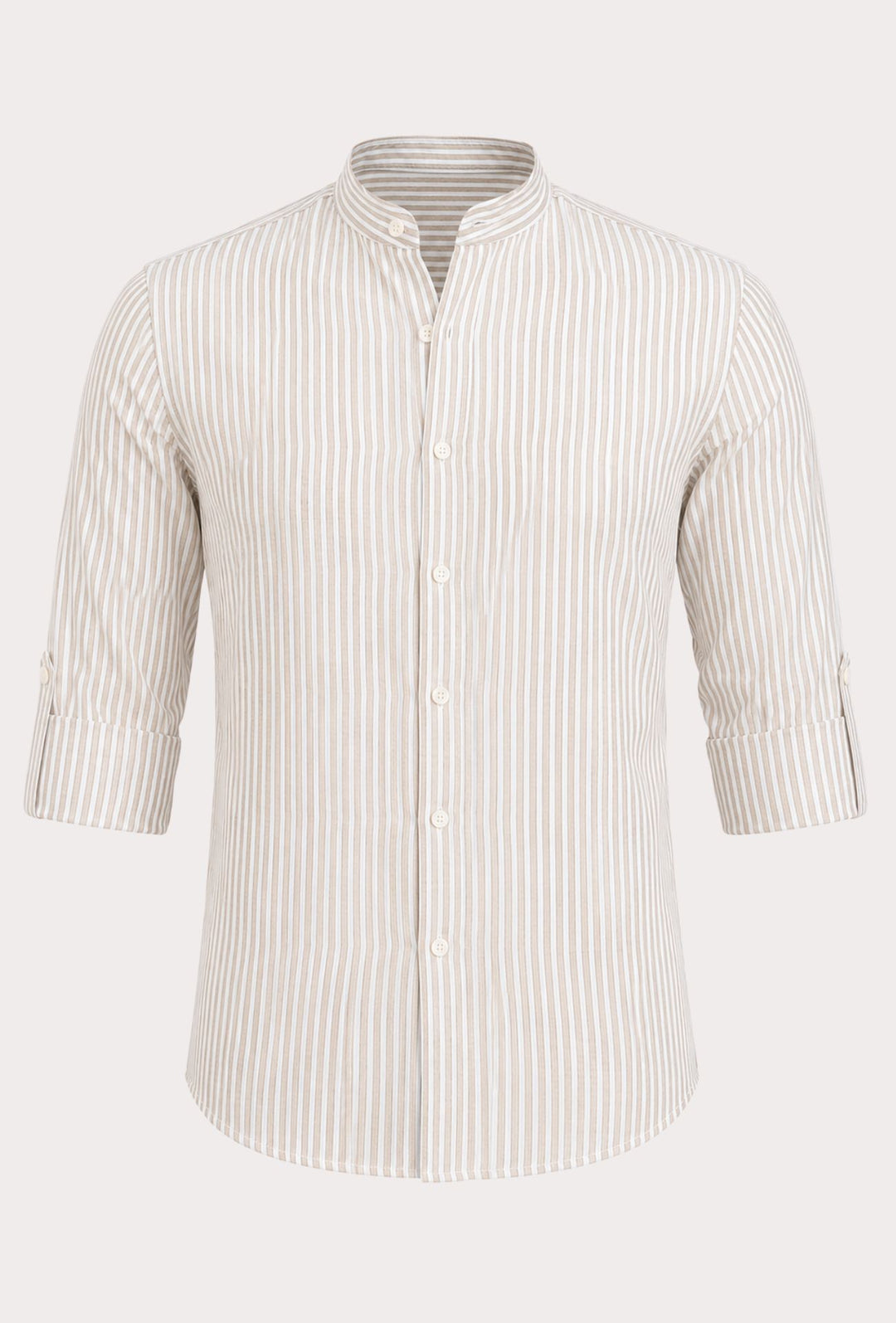 Camicia Uomo Manica Lunga Lino e Cotone Collo Coreano a righe Made in Italy - BEIGE