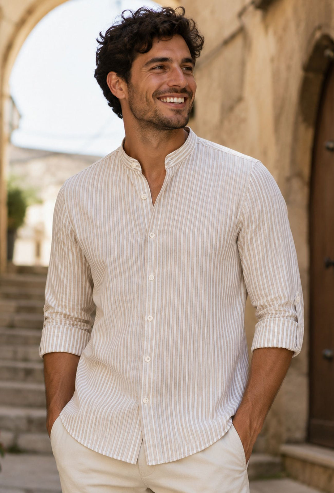 Camicia Uomo Manica Lunga Lino e Cotone Collo Coreano a righe Made in Italy - BEIGE