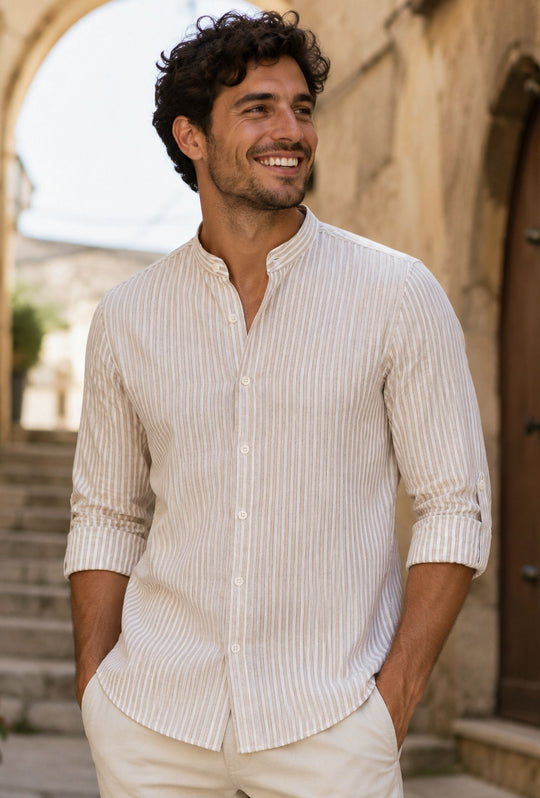 Camicia Uomo Manica Lunga Lino e Cotone Collo Coreano a righe Made in Italy - BEIGE