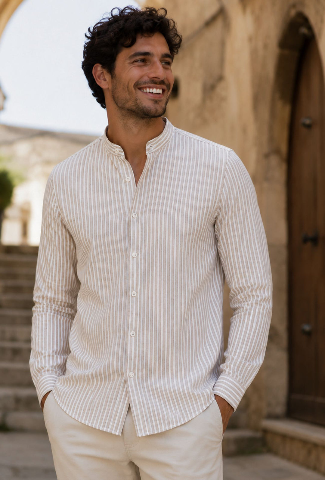 Camicia Uomo Manica Lunga Lino e Cotone Collo Coreano a righe Made in Italy - BEIGE