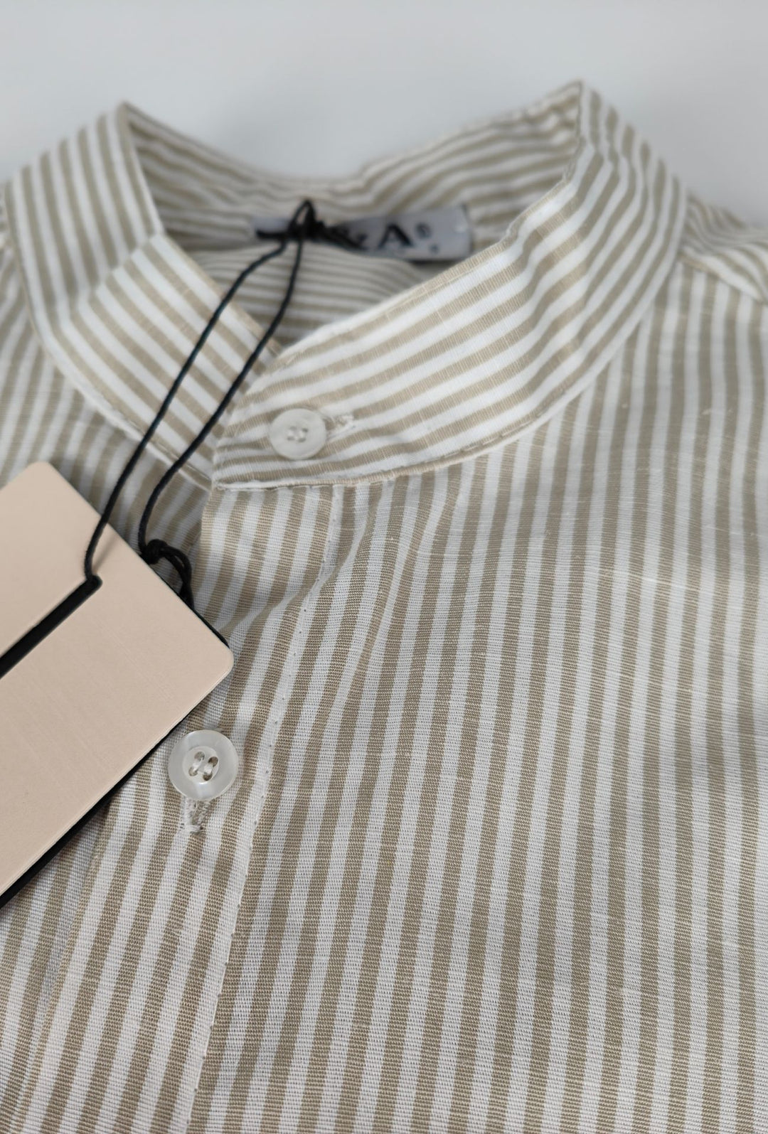 Camicia Uomo Manica Lunga Lino e Cotone Collo Coreano a righe Made in Italy - BEIGE