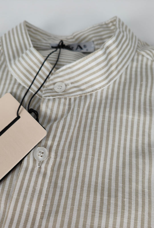 Camicia Uomo Manica Lunga Lino e Cotone Collo Coreano a righe Made in Italy - BEIGE