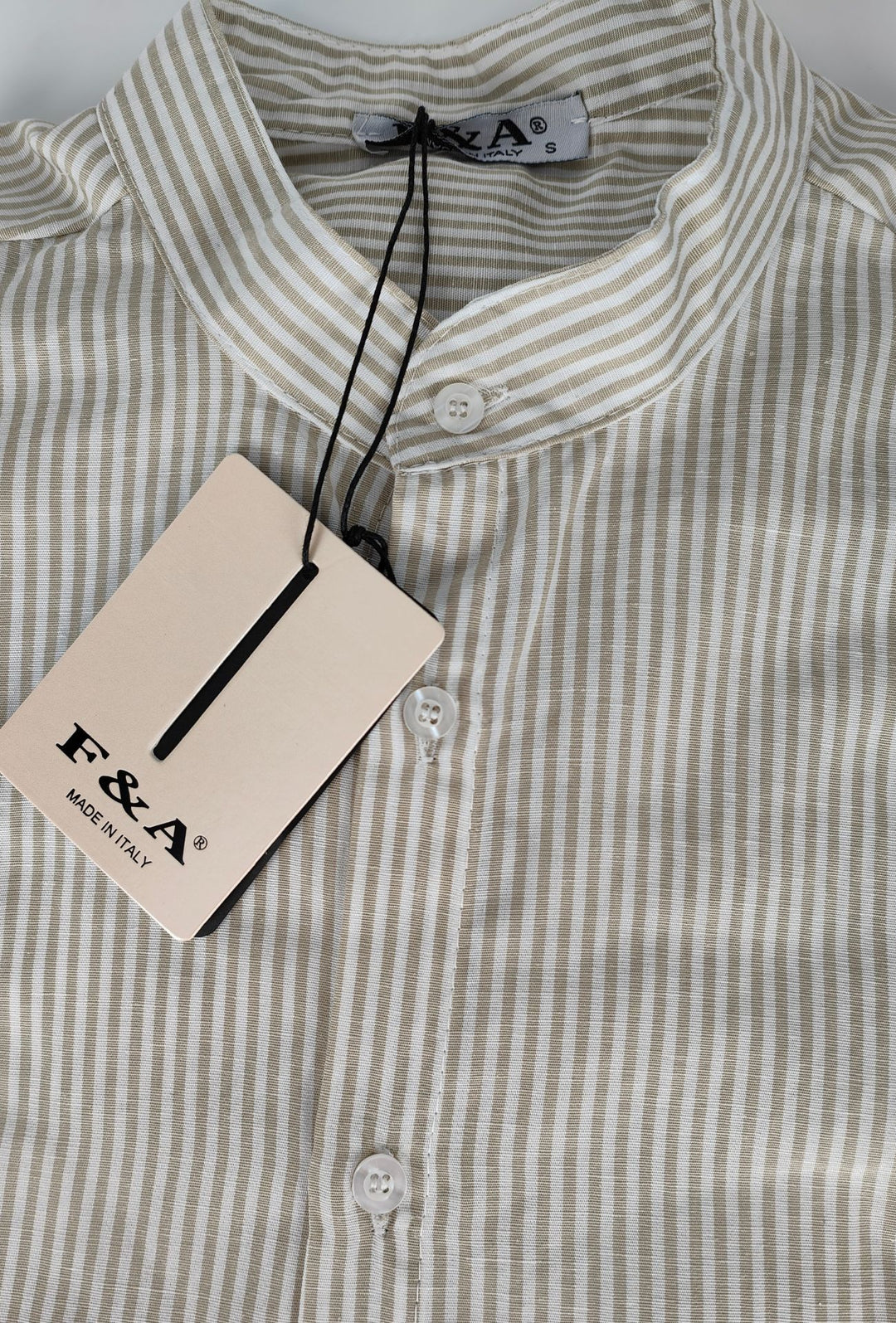 Camicia Uomo Manica Lunga Lino e Cotone Collo Coreano a righe Made in Italy - BEIGE