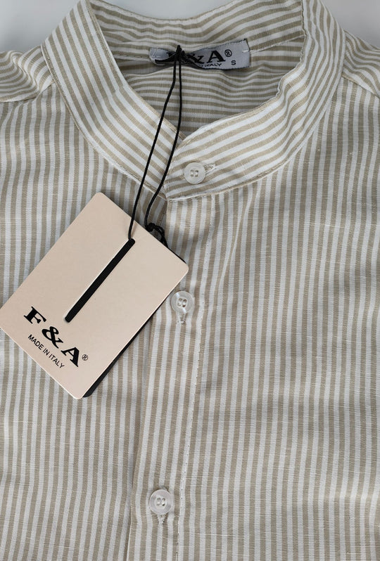 Camicia Uomo Manica Lunga Lino e Cotone Collo Coreano a righe Made in Italy - BEIGE
