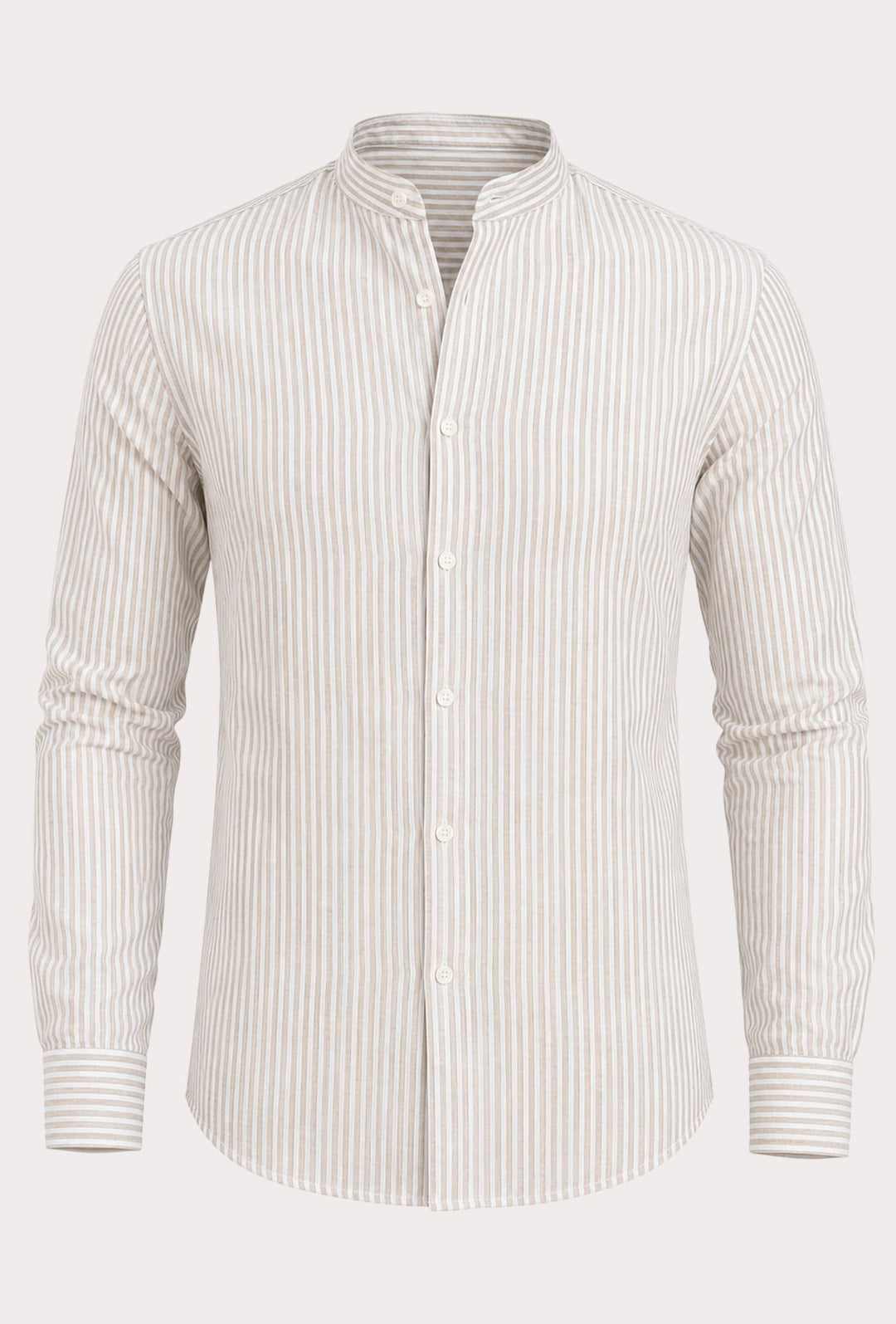 Camicia Uomo Manica Lunga Lino e Cotone Collo Coreano a righe Made in Italy - BEIGE