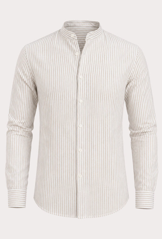 Camicia Uomo Manica Lunga Lino e Cotone Collo Coreano a righe Made in Italy - BEIGE